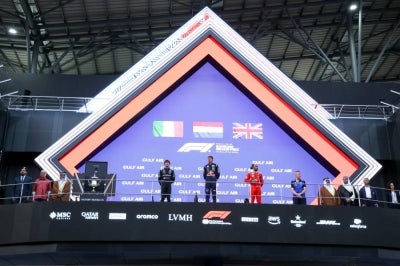 Prime Minister Datuk Seri Anwar Ibrahim (second, left) with Bahrain Prime Minister Prince Salman Hamad Al Khalifa and Red Bull Racing driver Max Verstappen (centre) at the Formula One (F1) Gulf Air Bahrain Grand Prix at the Sepang International Circuit on Oct 4, 2026. (BERNAMA PHOTO) 