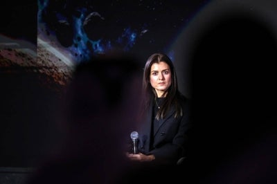 Chief Executive Officer of the Technology Innovation Institute (TII) Najwa Aaraj attends a presentation of the UAE-built EMA Probe, a deployable payload for the Emirates Mission to the Asteroid Belt (EMA), designed to make contact with the surface of asteroid 269 Justitia, at Abu Dhabi’s Advanced Technology Research Council on October 1, 2026. (Photo by FADEL SENNA / AFP)