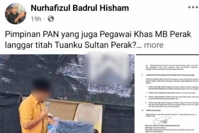 A status update posted by Nurhafizul regarding allegations that the Perak Menteri Besar’s special officer delivered a speech on the grounds outside a mosque in the state.