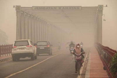 Air quality had reached very unhealthy to hazardous levels in Central Kalimantan, parts of West and South Kalimantan, South Sumatra and Jambi.(Photo by REINA / AFP)