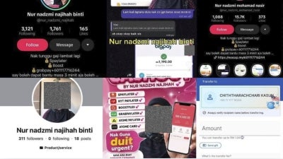 Screengrabs of social media accounts that Nadzmi claims were created by an impersonator using variations of her name for the online scams.