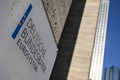 The logo of Deutsche Bundesbank is pictured outside the headquarters prior to the the Bundesbank's annual press conference in Frankfurt am Main, Germany. (Photo by Kirill KUDRYAVTSEV / AFP)