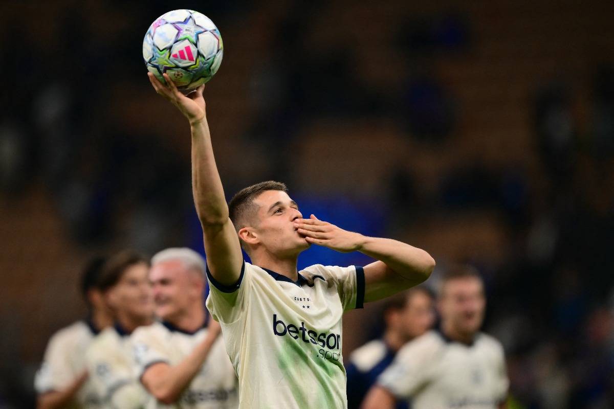 Club Brugge's German forward #07 Nicolo Tresoldi. (Photo by Marco BERTORELLO / AFP)