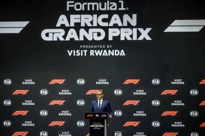 Rwanda's President Paul Kagame delivers remarks during the announcement of the Formula 1 African Grand Prix at BK Arena in Kigali on October 13, 2026. (Photo by Jean Baptiste Nkurunziza / AFP)