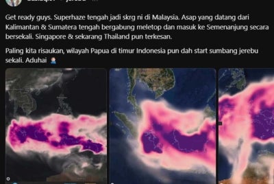 Screenshots of Threads posts showing users’ concerns that smoke from Sumatra, Kalimantan and other parts of Indonesia could worsen haze across the region. - Threads/ @basiaq.07