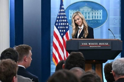Newly appointed White House Press Secretary Katie Zacharia concludes her first press briefing in the James Brady Briefing Room of the White House in Washington, DC, on Oct 13, 2026. - (Photo by JIM WATSON / AFP)