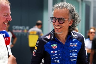 Red Bull Racing's British team principal Laurent Mekies (R). (Photo by I-HWA CHENG / AFP)