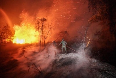 Soldiers and firefighters work on cointaining a wildfire in Banjarbaru, South Kalimantan province, on Oct 13, 2026. Toxic haze has shrouded parts of Indonesia, Malaysia and Singapore for weeks as Jakarta struggles to contain fires that have scorched large tracts of Borneo and Sumatra, with the smoke drifting across the region. - (Photo by MUDA SAGALA / AFP)