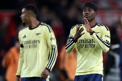 Arsenal's English midfielder #20 Noni Madueke (R). (Photo by Darren Staples / AFP)