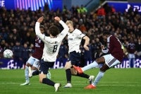 Aston Villa's Senegalese striker #11 Nicolas Jackson (R) shoots but fails to score during the UEFA Champions League, league phase football match between Aston Villa and Viking at Villa Park in Birmingham, central England on October 21, 2026. (Photo by Henry Nicholls / AFP)