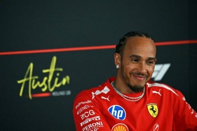 Ferrari's British driver Lewis Hamilton attends a press conference ahead of the United States Formula One Grand Prix at the Circuit of the Americas in Austin, Texas, on October 22, 2026. The United States Grand Prix will take place on Sunday, October 25. (Photo by ANGELA WEISS / AFP)