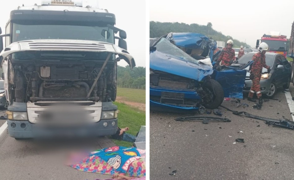 Four people, including two elderly women, a baby and a five-year-old girl, were killed in an accident involving three vehicles at KM107 of the North-South Expressway (PLUS) (southbound) near Pagoh here on Saturday.