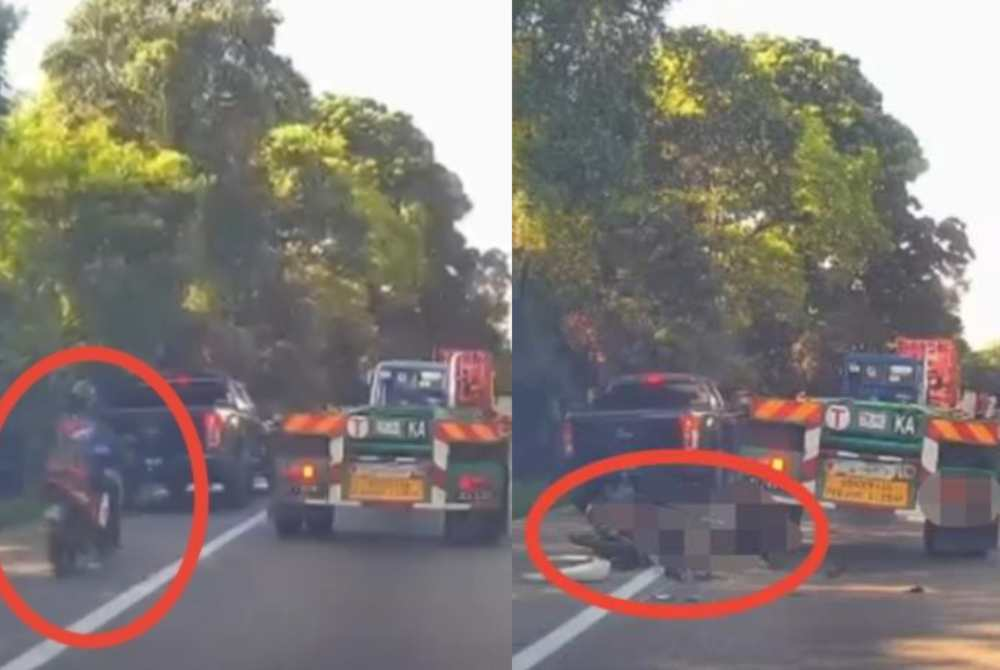 A screenshot from a viral video shows a motorcyclist being run over by a trailer on the West Port Bypass Road in Klang on Wednesday.