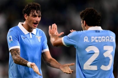 Lazio’s Italian defender #15 Romano Floriani (L) and Lazio’s Spanish defender #23 Alfonso Pedraza.(Photo by Marco Bertorello / AFP)