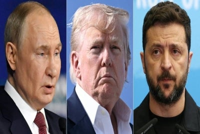  Vladimir Putin (L) ,Donald Trump (M) and Volodymyr Zelensky (R). (Photo by AFP)