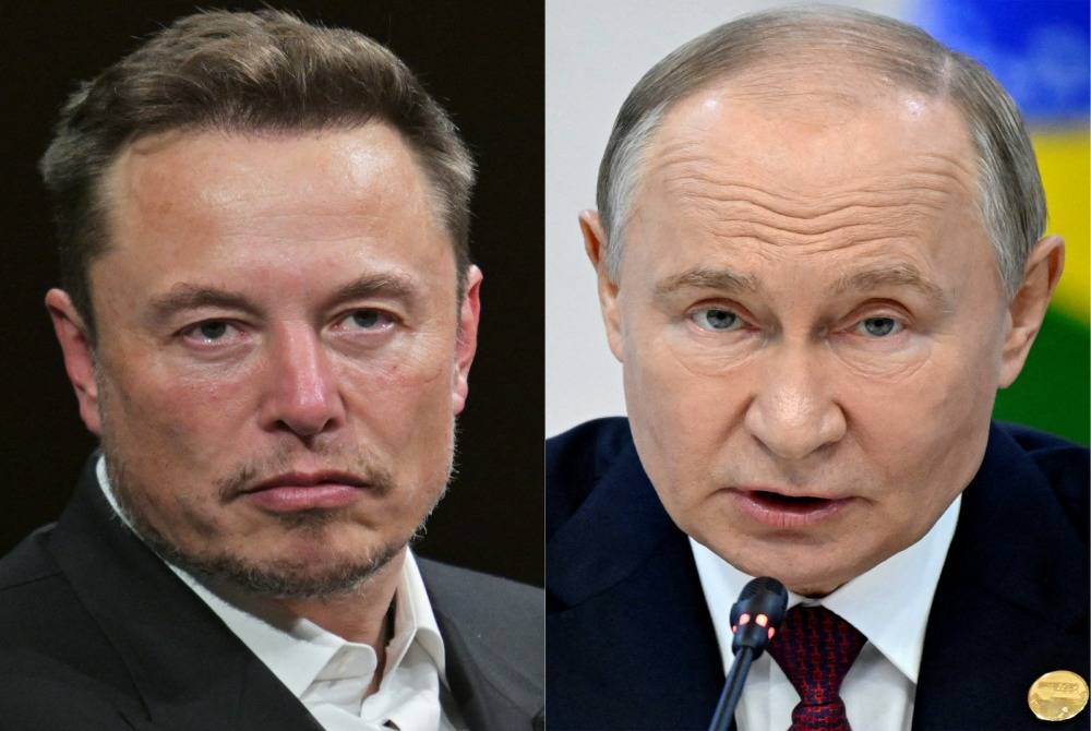 Elon Musl (L) and Vladimir Putin (R). (Photo by Alain JOCARD and Alexander NEMENOV / various sources / AFP)