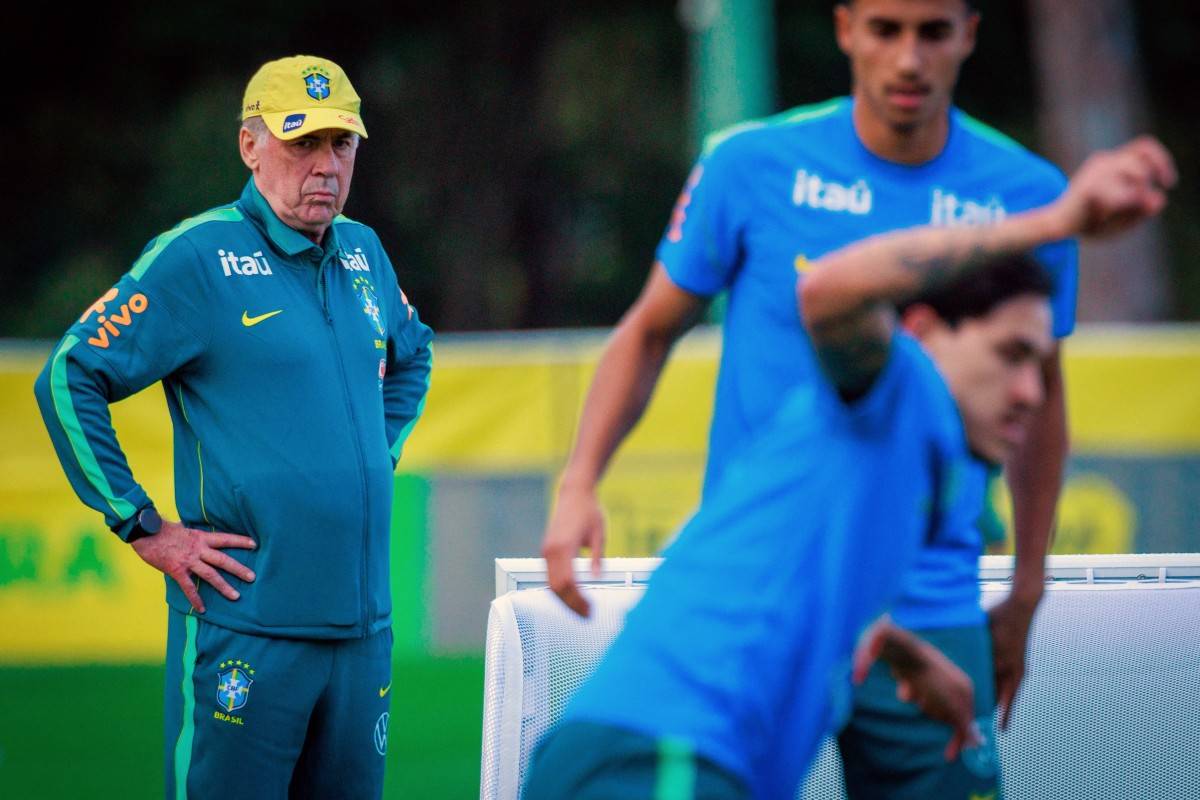 Brazil's head coach Carlo Ancelotti (L) attends a training session. (Photo by Patrick HAMILTON / AFP)