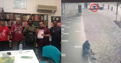 Foto yang tular di laman sosial manakala kanan adalah rakaman CCTV yang menunjukkan lelaki itu terselamat.