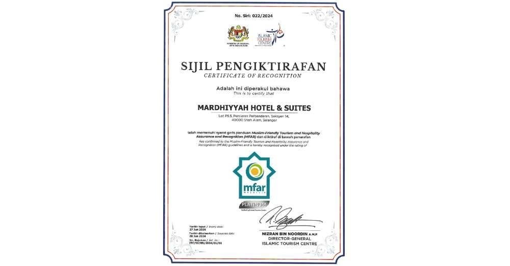 Sijil Pengiktirafan Penginapan Pelancongan Mesra-Muslim yang diterima. 
