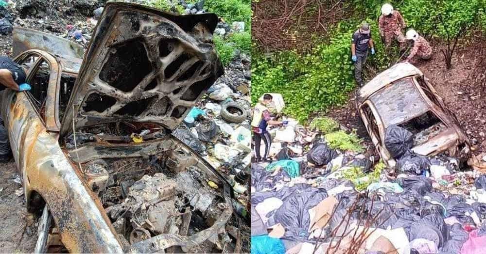 Kereta Proton Waja yang dinaiki Sabari ditemukan hangus dan 'total lost' di kawasan pembuangan sampah di gaung Hutan Gubir, Sik.