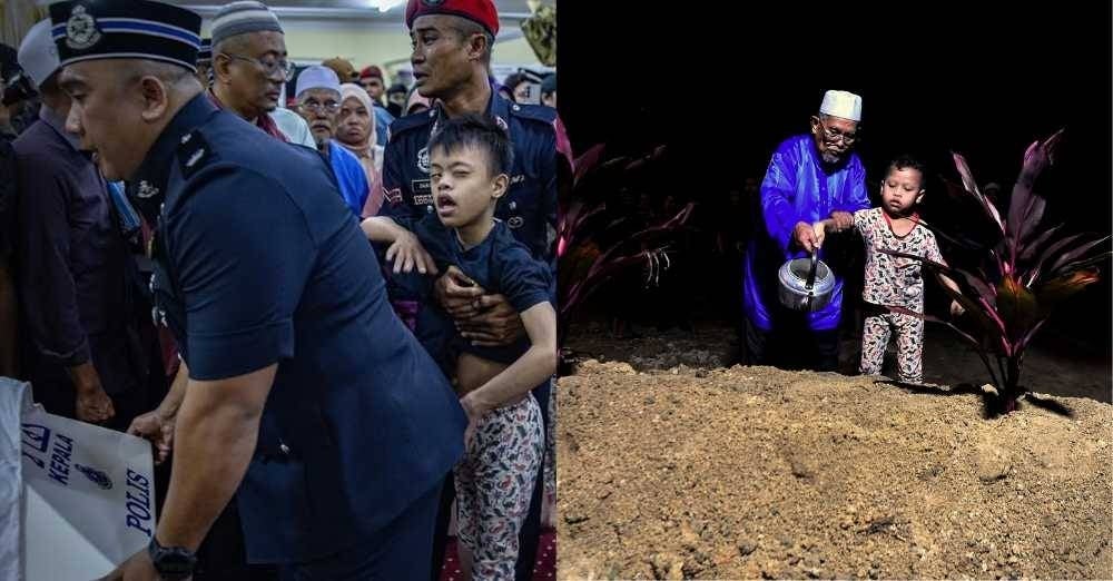 Foto (kanan): Muhammad Rizqi Nazhan, 9, bersama datuknya, Samiun Sarif, 73, menyirami pusara Allahyarham Mohd Roslan di Tanah Perkuburan Islam Meru Raya