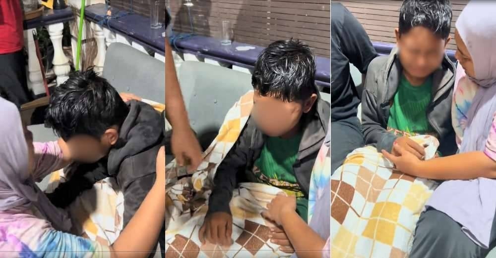 Suasana pilu menyelubungi saat Muhammad Aidil ditenangkan ibunya, Siti Norehan yang turut sebak. (Foto: TikTok Kanda Zakiyy)