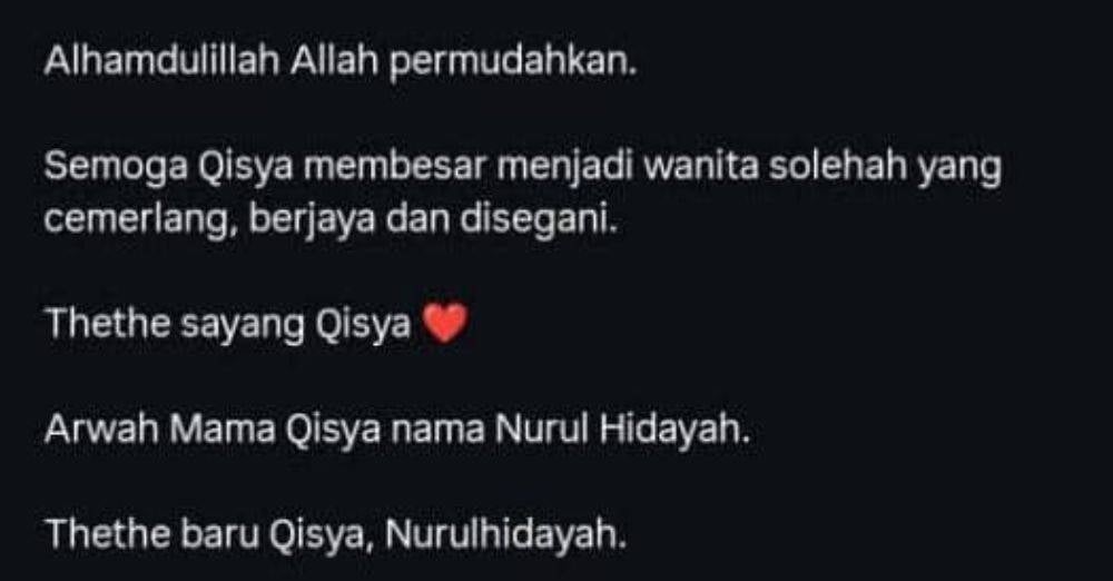 Tangkap layar hantaran Nurulhidayah menerusi Instagram selepas menziarahi Putri Qisya di Jerlun. 