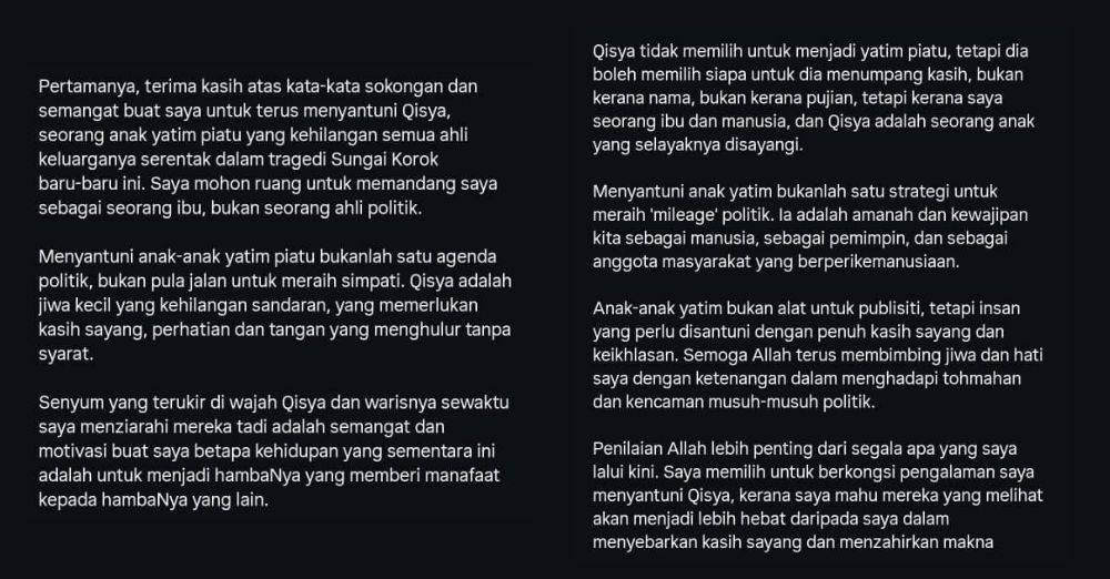 Tangkap layar hantaran Nurulhidayah menerusi Instagram selepas menziarahi Putri Qisya di Jerlun. 