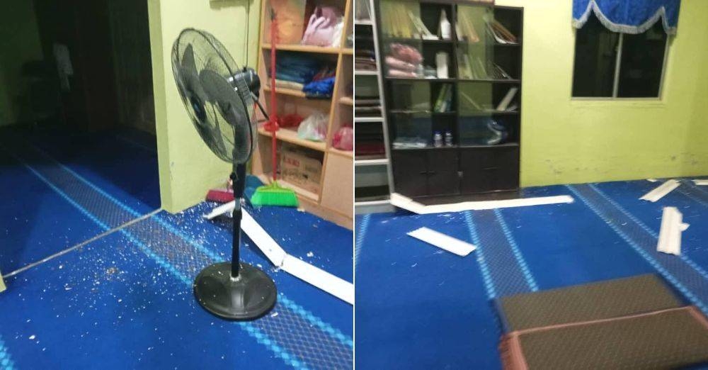 Surau Kampung Sanglang, Buloh Kasap, Segamat turut terkesan akibat gegaran gempa bumi (Foto: FB Komuniti Segamat)