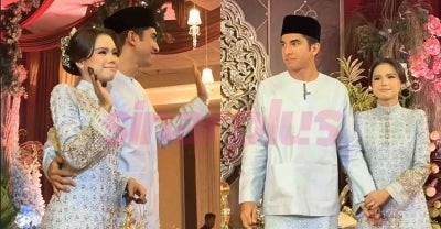 Pasangan mempelai menggayakan busana daripada pereka terkenal, Rizman Ruzaini (Foto: Tangkap layar video Team Saddiq)