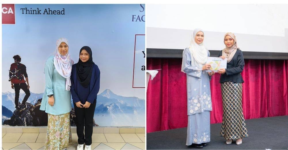 Julia Qiestyna bersama Dr Adibah Jamaluddin (gambar kiri) dan ketika penyampaian sijil ‘Excellent Awards’ oleh Dekan Fakulti Perakaunan, Prof Dr Norli Ali (gambar kanan).