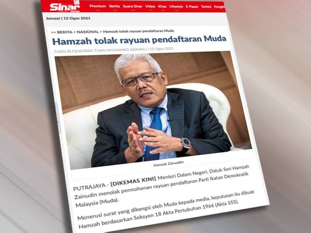 Laporan Sinar Harian pada Khamis mengenai permohonan rayuan pendaftaran Muda yang ditolak.