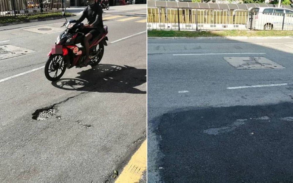 Keadaan jalan berlubang di hadapan Masjid Al-Hidayah pada Isnin. Gambar kanan: Jalan berlubang di hadapan Masjid Al-Hidayah yang telah diambil tindakan.