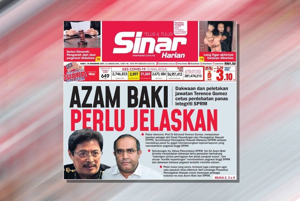 Laporan muka depan Sinar Harian pada 28 Disember.