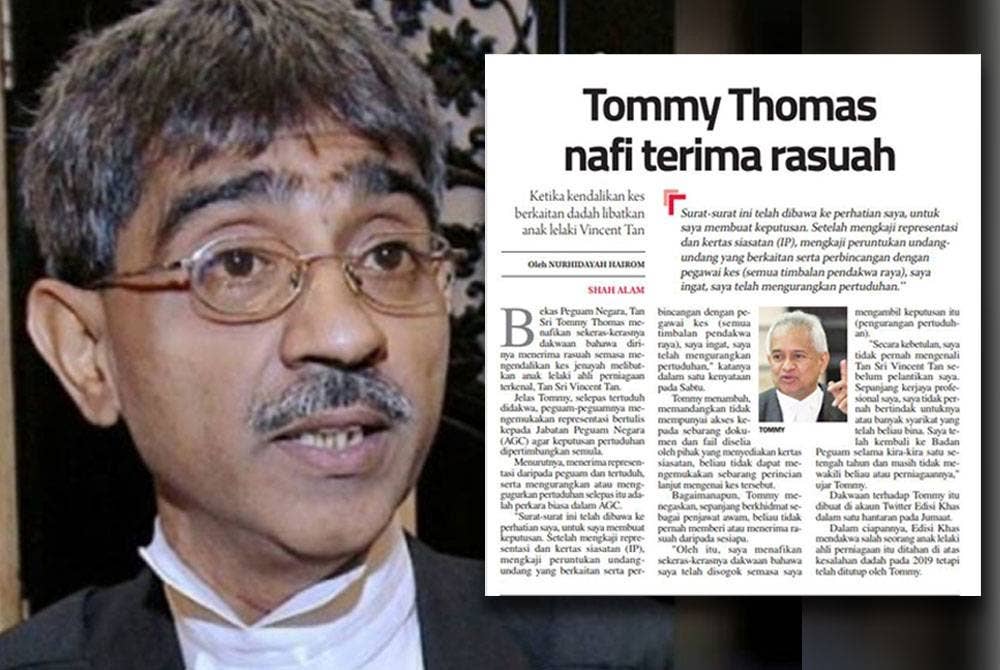 Tommy menafikan beliau menerima suapan atau pernah mewakili Vincent bagi mana-mana kes.