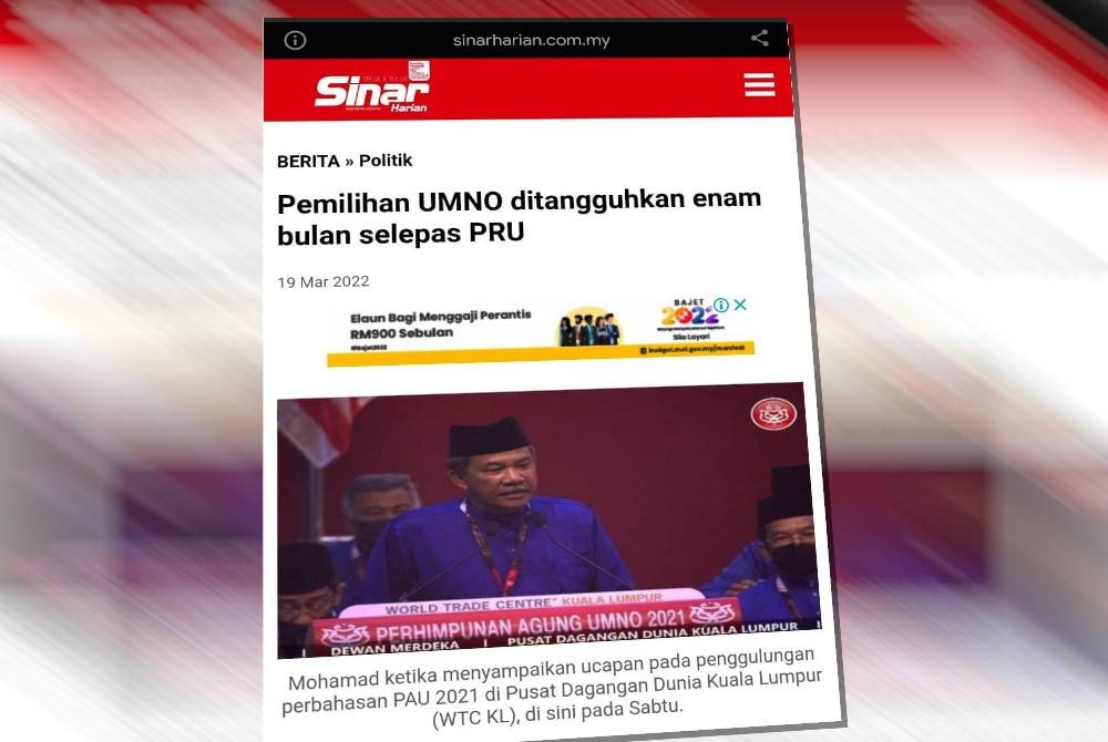 Tangkap Layar berita mengenai keputusan PAU Khas tangguh pemilihan UMNO sehingga enam bulan selepas PRU15