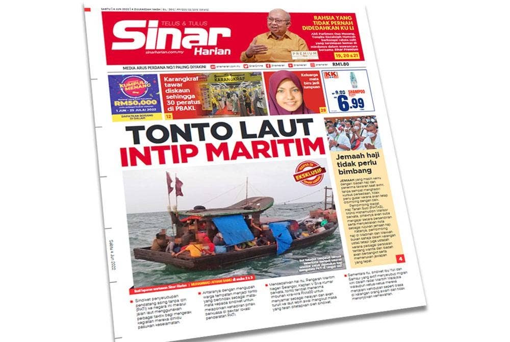 Laporan muka depan Sinar Harian pada Sabtu.