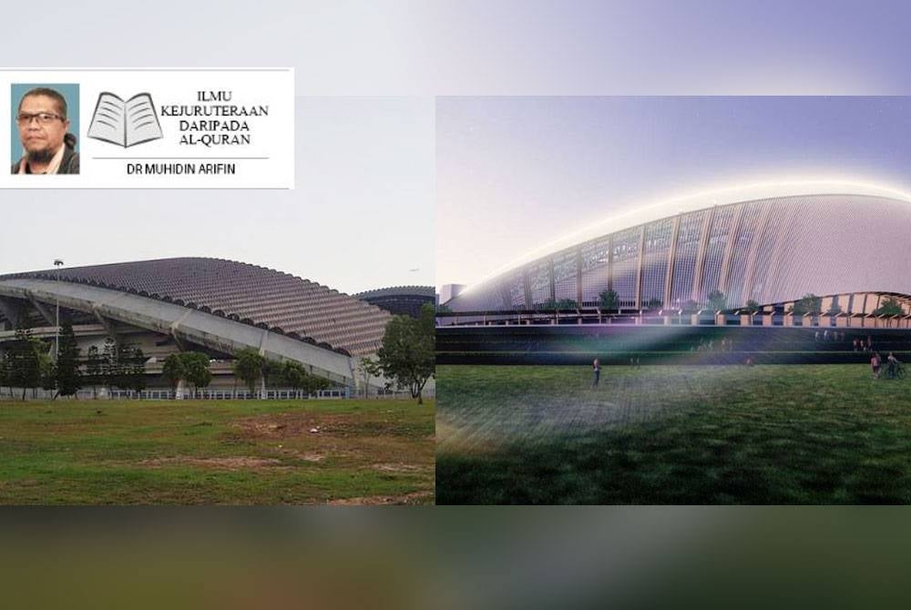 Keadaan terkini Stadium Shah Alam (gambar kiri). Ilustrasi Stadium Shah Alam yang baharu (gambar kanan).