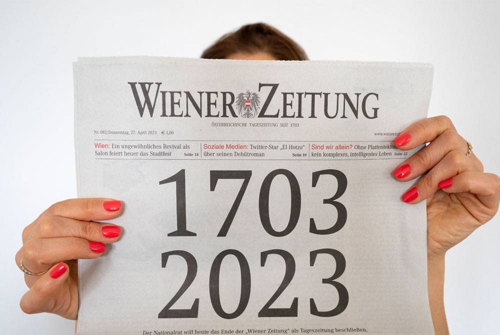 Wiener Zeitung menerbitkan editorial khas pada muka hadapannya bertajuk '1703-2023' pada edisi cetak terakhirnya pada Khamis.