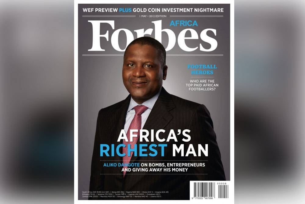 Dangote pernah menjadi penghias muka depan majalah Forbes Afrika. - Agensi