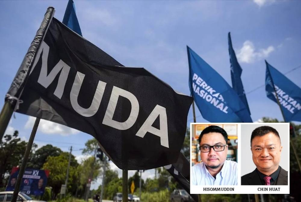 Sehingga kini, Muda enggan mengesahkan atau menafikan dakwaan bahawa parti itu bakal bertanding secara solo dalam PRN nanti. -Gambar kecil: Peluang Muda menang mana-mana kerusi DUN di enam negeri pada PRN nanti amat tipis. (Hisomuddin (kiri), Chin Huat)