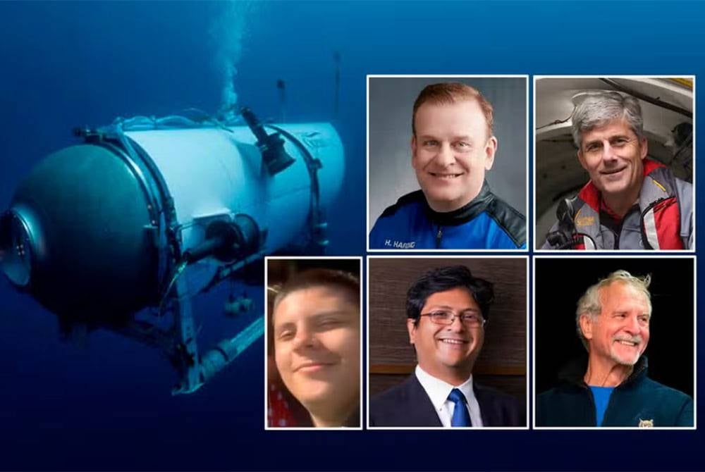 Arah jam dari kiri atas: Hamish Harding, Stockton Rush, Paul-Henry Nargeolet, Suleman dan Shahzada Dawood.