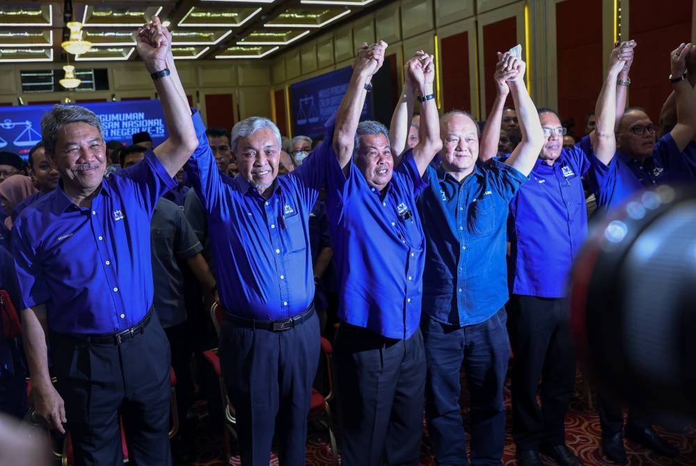 Ahmad Zahid dan Mohamad (kiri) bergambar bersama ahli-ahli parti pada Majlis Pengumuman Calon BN bagi PRN ke-15 di Kuala Lumpur pada Jumaat malam.