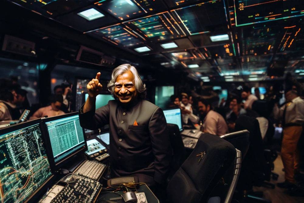Gambar yang dijana oleh Kecergasan Buatan (AI) menunjukkan APJ Abdul Kalam meraikan pendaratan Chandrayaan-3 di bahagian kutub selatan bulan.