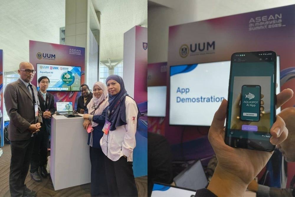 Gabungan Penyelidik dari UUM dan UMK memperkenalkan initial prototype AquaSpot AI pada ASEAN Summit 2025 sebagai inovasi pintar bagi membantu sektor perikanan. Gambar kanan: Initial prototye aplikasi mudah alih AquaSpot AI