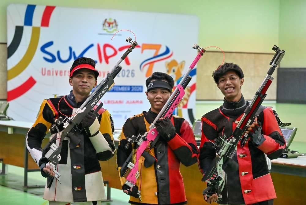 SKUAD menembak lelaki UPNM memecahkan rekod kebangsaan dalam acara 10m pistol angin berpasukan lelaki pada SUKIPT 2026. Foto SUKIPT