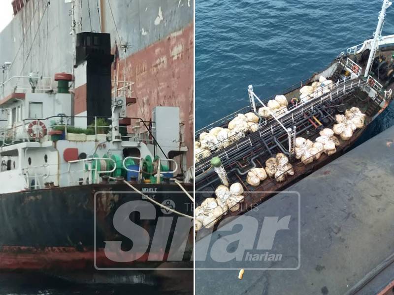 Kapal tangki yang ditahan dalam operasi bersepadu Maritim Malaysia ZM Tanjung Sedili dengan JAS, petang semalam.