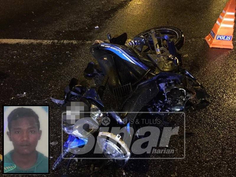 Keadaan motosikal mangsa selepas terlibat kemalangan di persimpangan lampu isyarat berhampiran gedung beli-belah Keluargaku di Bukit Baru di sini. (Gambar kecil: Muhammad Fa'iz)