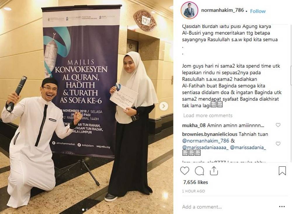 Norman teruja dan bersyukur anaknya, Marissa Dania Hakim, diraikan Majlis Konvokesyen Al-Quran,Hadith & Turath As-Sofa 2018 di Kuala Lumpur.