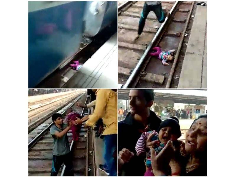 Bayi berkenaan tidak mengalami sebarang kecederaan selepas terjatuh di landasan kereta api. - Foto AFP